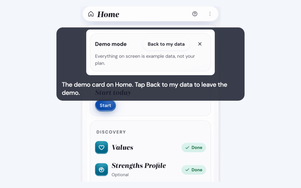 The demo card on Home. Tap Back to my data to leave the demo.