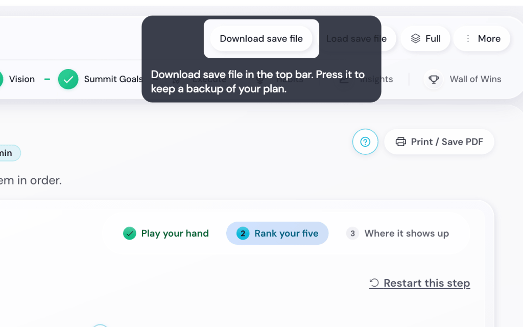 Save in the top bar. Press it to keep a backup of your plan.