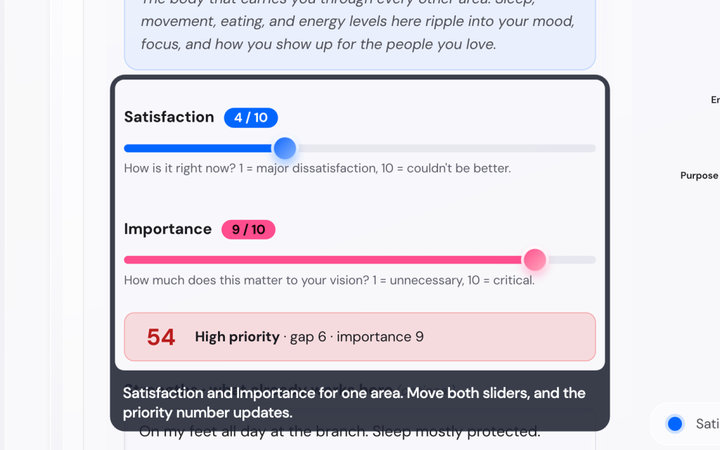 Score your life areas and pick your focus in the Life Goals App 1 Satisfaction and Importance for one area. Move both sliders, and the priority number updates.