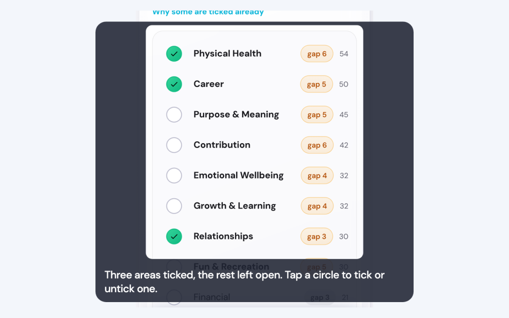 Score your life areas and pick your focus in the Life Goals App 4 Three areas ticked, the rest left open. Tap a circle to tick or untick one.