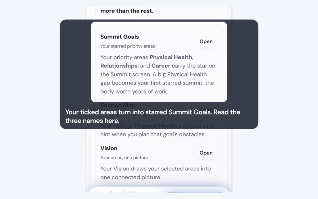 Score your life areas and pick your focus in the Life Goals App 5 Your ticked areas turn into starred Summit Goals. Read the three names here.