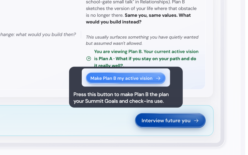 Write three futures and make one active in the Life Goals App 4 Press this button to make Plan B the plan your Summit Goals and check-ins use.