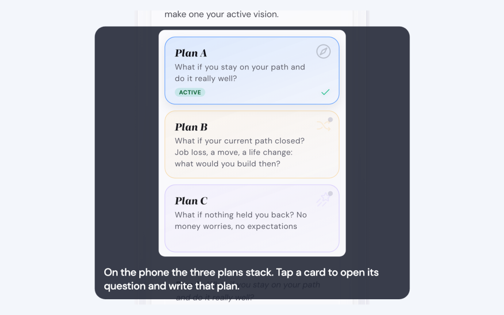 Write three futures and make one active in the Life Goals App 2 On the phone the three plans stack. Tap a card to open its question and write that plan.