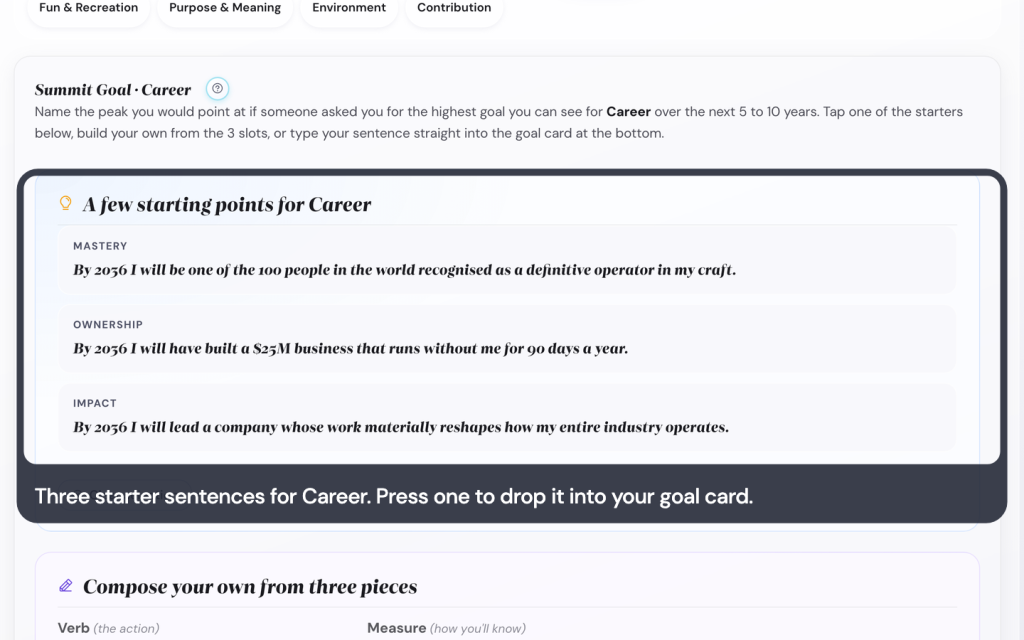 Three starter sentences for Career. Press one to drop it into your goal card.