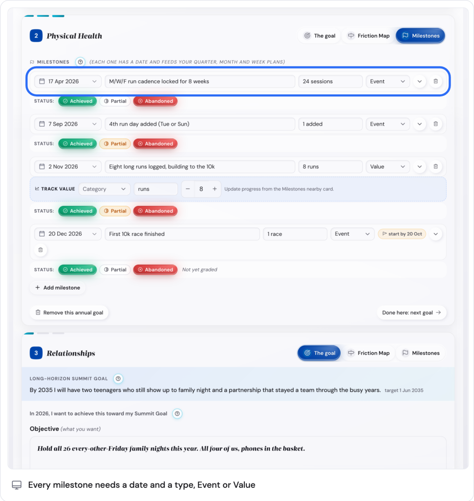 Every milestone row needs a date and a title. Set the type to Event or Value.