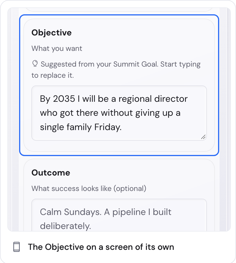On the phone the Objective gets a screen of its own. Type over the grey text, then press Next.