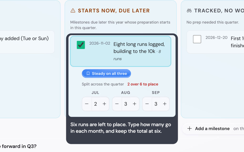 Six runs are left to place. Type how many go in each month, and keep the total at six.