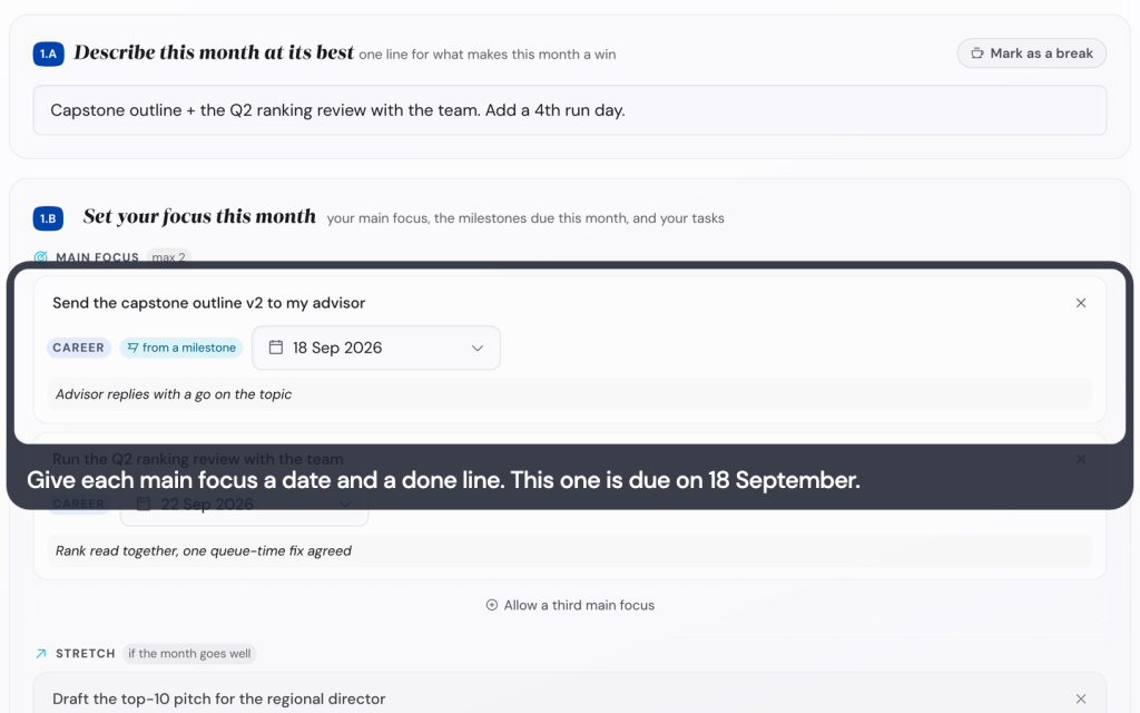 Give each main focus a date and a done line. This one is due on 18 September.
