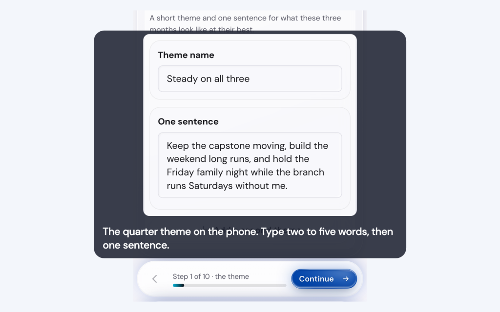 The quarter theme on the phone. Type two to five words, then one sentence.