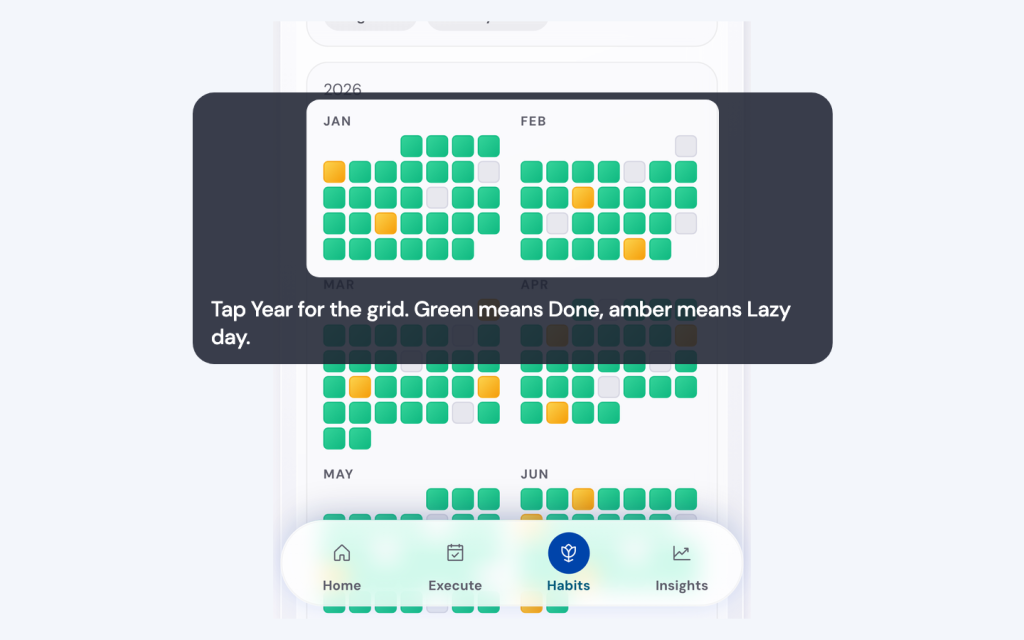 Tap Year for the grid. Green means Done, amber means Lazy day.