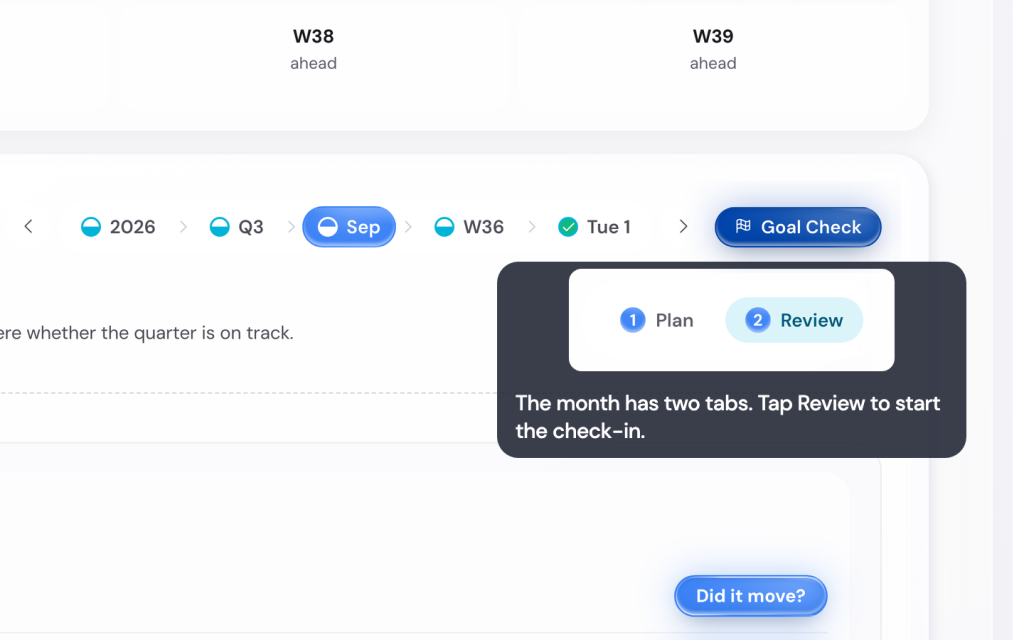 Check in on the month and the quarter, close the year in the Life Goals App 1 The month has two tabs. Tap Review to start the check-in.