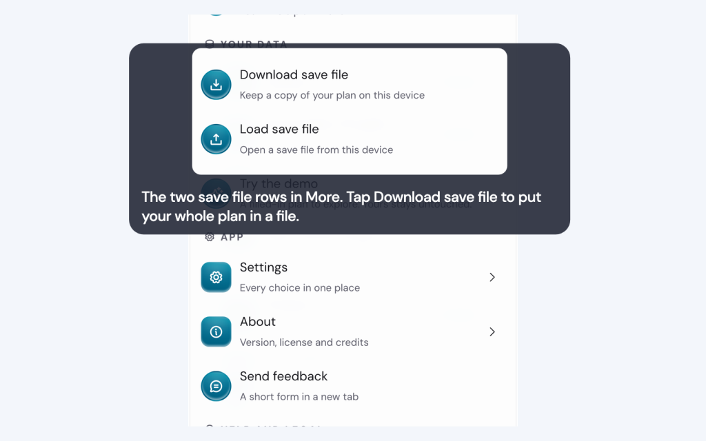 The two save file rows in More. Tap Download save file to put your whole plan in a file.