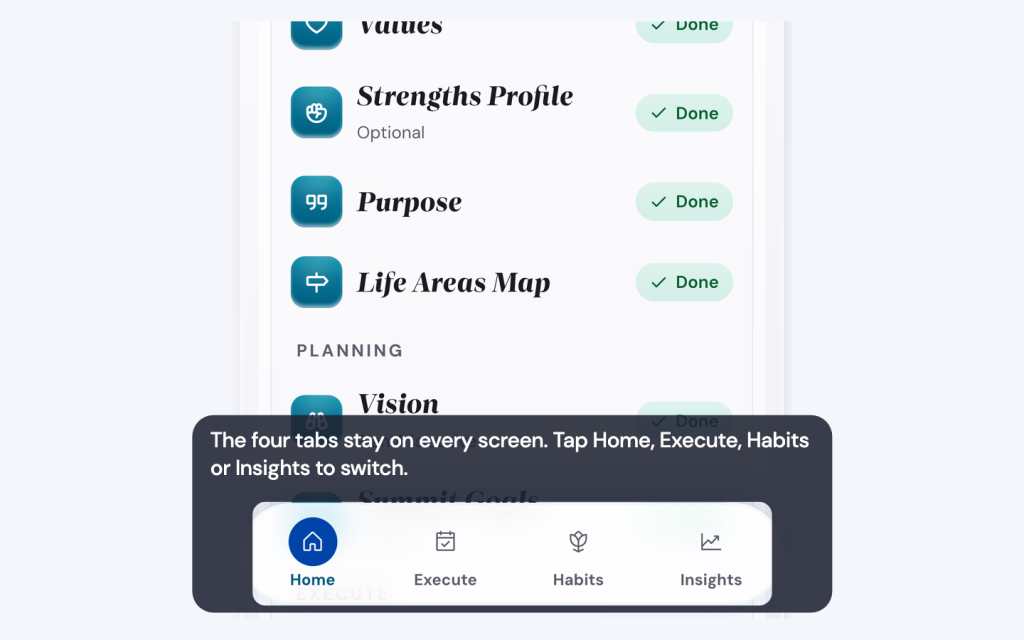 Find your way around the Life Goals App on your phone 1 The four tabs stay on every screen. Tap Home, Execute, Habits or Insights to switch.