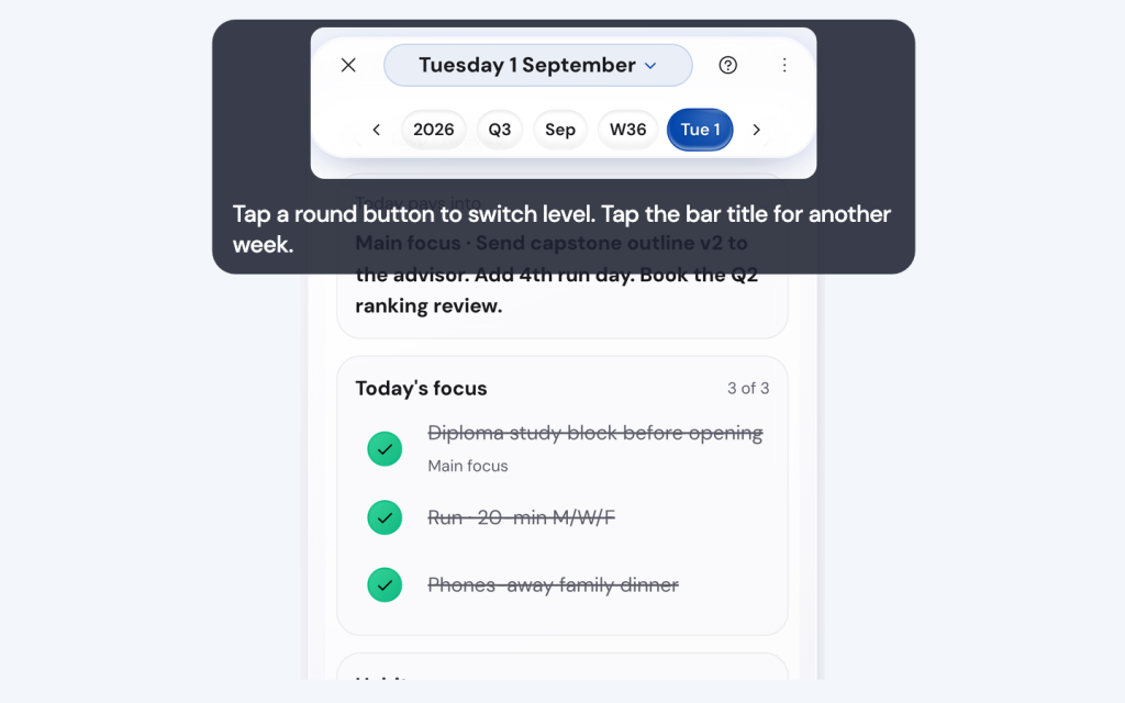 Find your way around the Life Goals App on your phone 4 Tap a round button to switch level. Tap the bar title for another week.