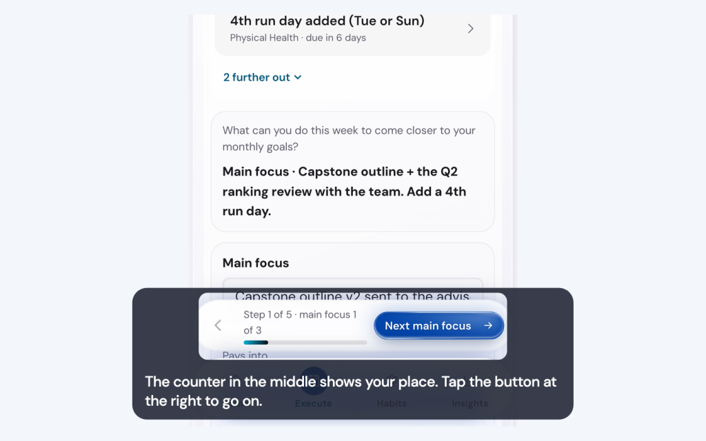 Find your way around the Life Goals App on your phone 5 The counter in the middle shows your place. Tap the button at the right to go on.