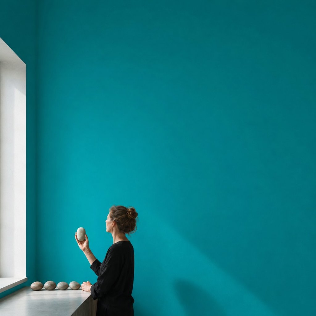 Find your five values in the Life Goals App: a person arranging five smooth stones on a windowsill, holding one up to the light