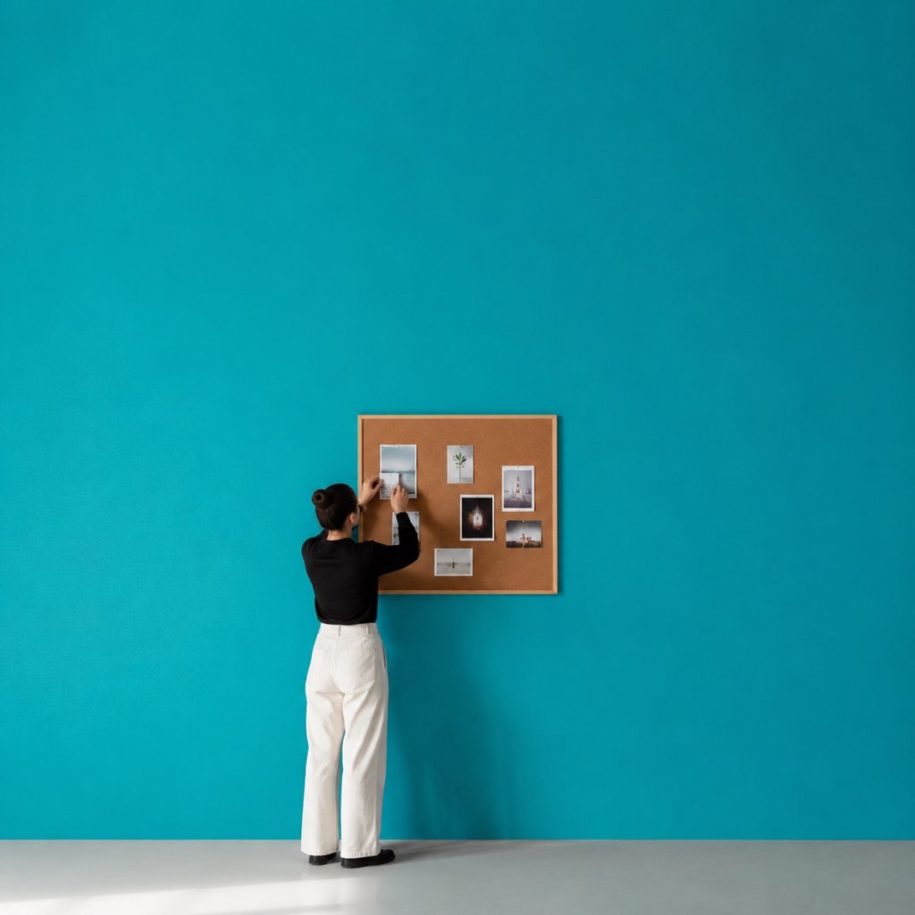 A person pinning photographs to a corkboard vision board on a teal wall, one photo held up ready to place