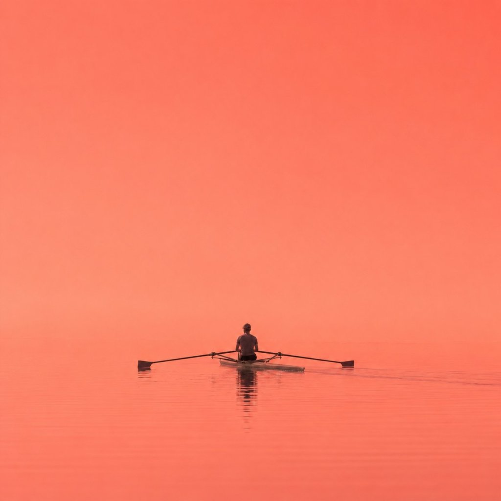 Write three futures and make one active in the Life Goals App: a person rowing a single scull on calm water at sunrise