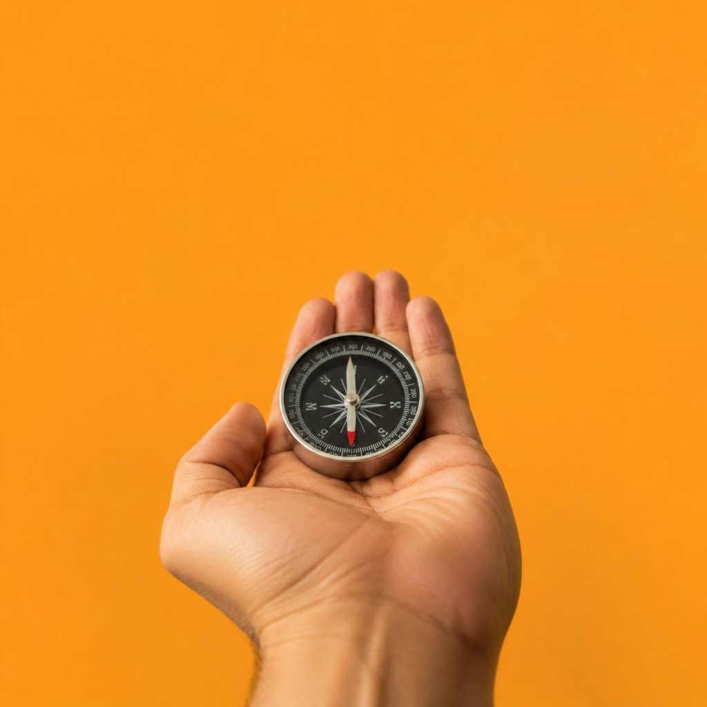 Write your purpose sentence with the Life Goals App: a compass resting on an open hand, the needle pointing toward the viewer