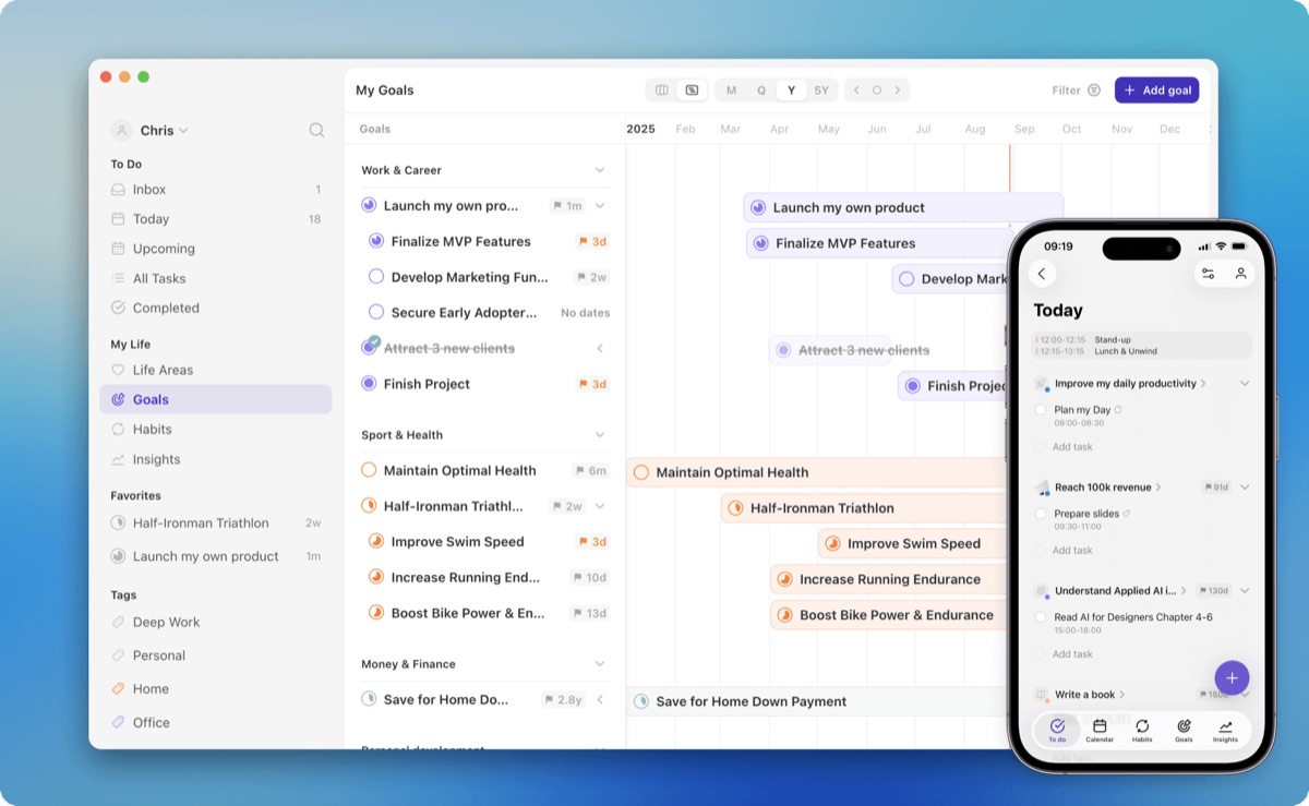 Best Goal Planners for 2027: Paper, Tablet and App 8 Griply goal timeline on a computer screen next to the Today screen on an iPhone