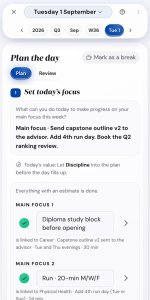 Life Goals App day plan on a phone where each main focus shows the goal it is linked to