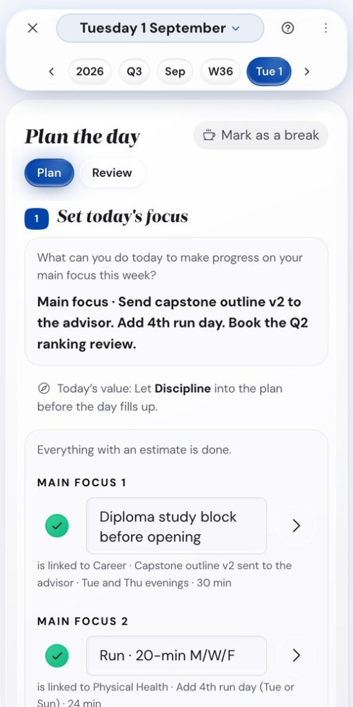 Life Goals App day plan on a phone where each main focus shows the goal it is linked to