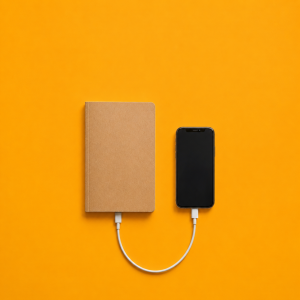 A paper notebook connected to a smartphone by a charging cable