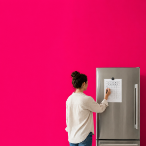 A person marking a day on a habit chart pinned to a fridge
