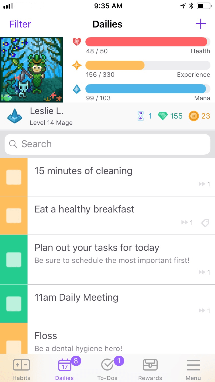 Habitica Dailies list on iPhone with the avatar's health, experience and mana bars