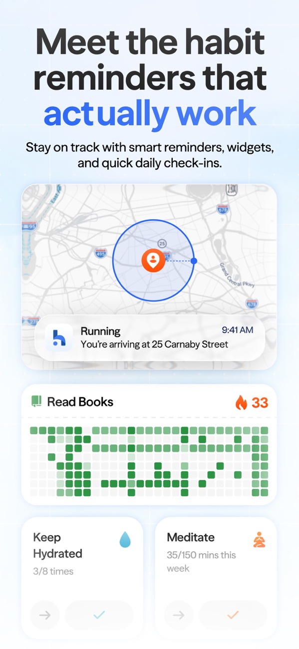 Habitify habit tracker on iPhone with today's habits, streaks and progress charts