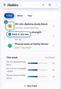 Life Goals App Habits screen where a habit is marked Lazy day and its streak stays alive