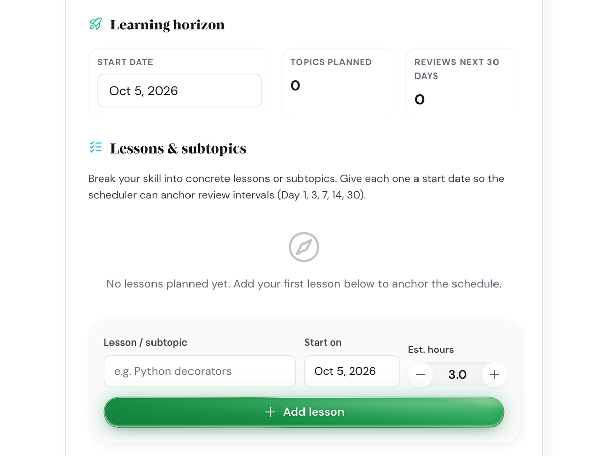 Learning Acceleration System 5 Lesson and subtopic entry section of Learning Acceleration System with the add-lesson form ready