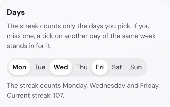 Planning days in Settings, and the days of a habit