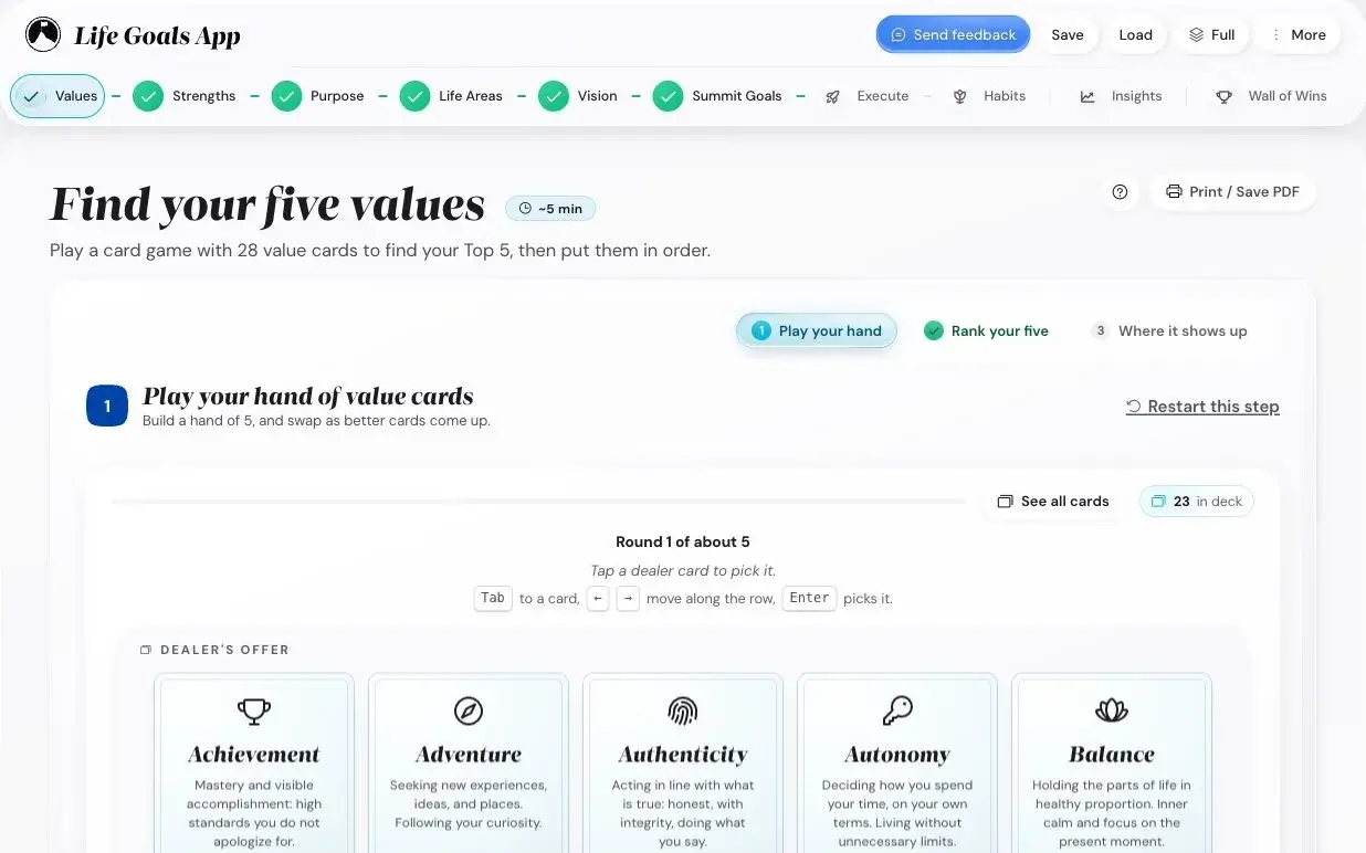 The Your values screen of the app