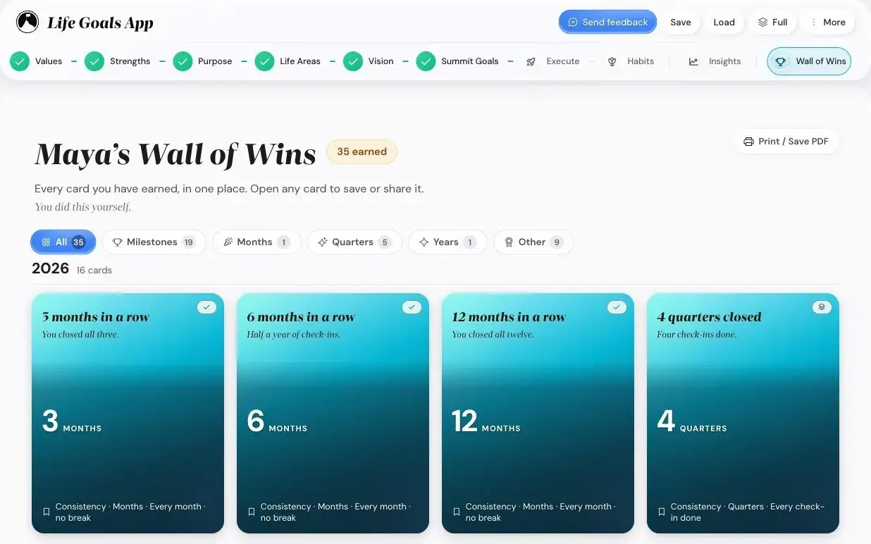 The Wall of Wins screen of the app