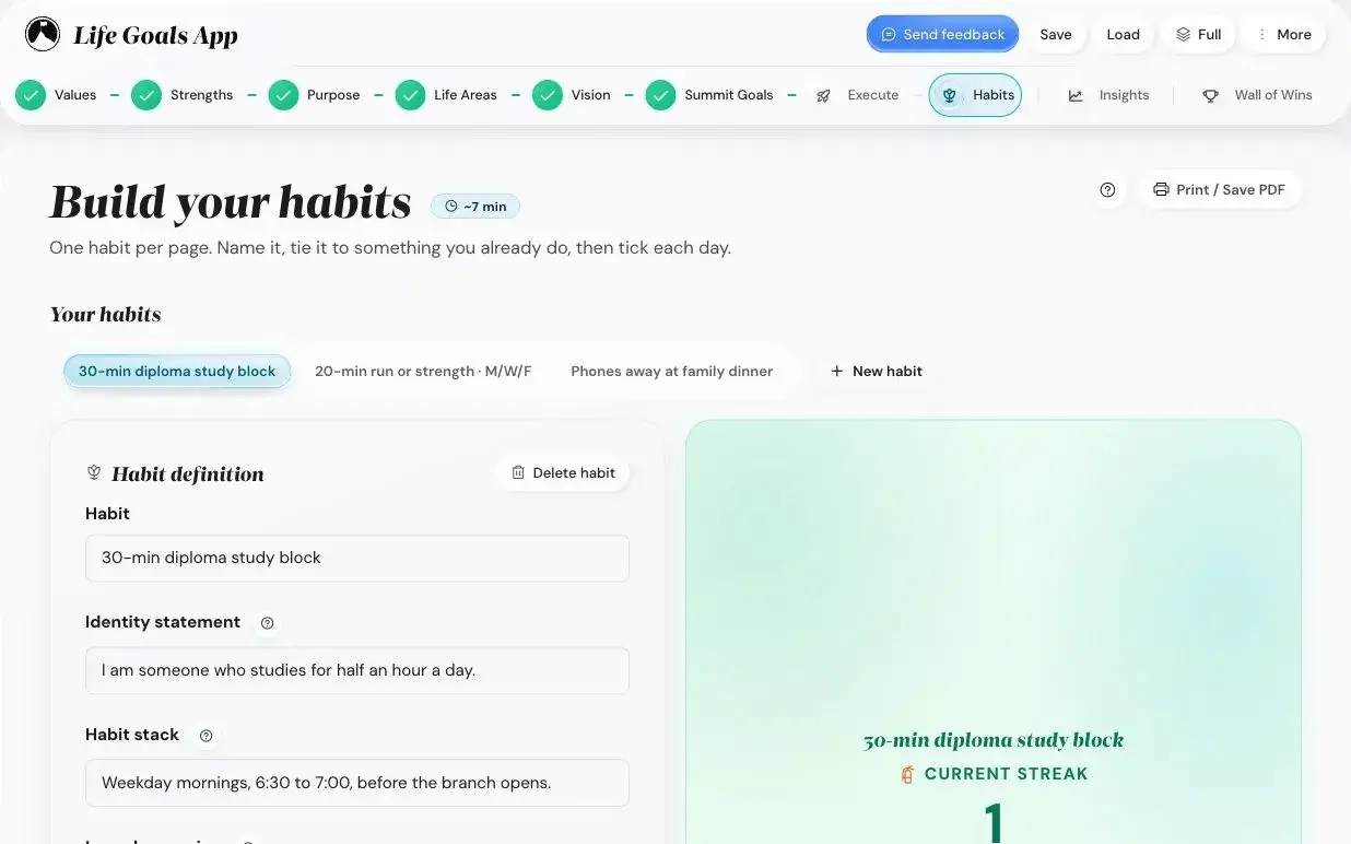 Goal Setting App + Framework: How to Set Effective Life Goals (2026) 6 Habits in the Life Goals App: a Lazy Day version keeps the streak alive