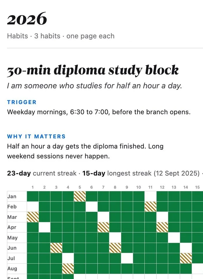 Life Goals App 33 A printed habit year grid