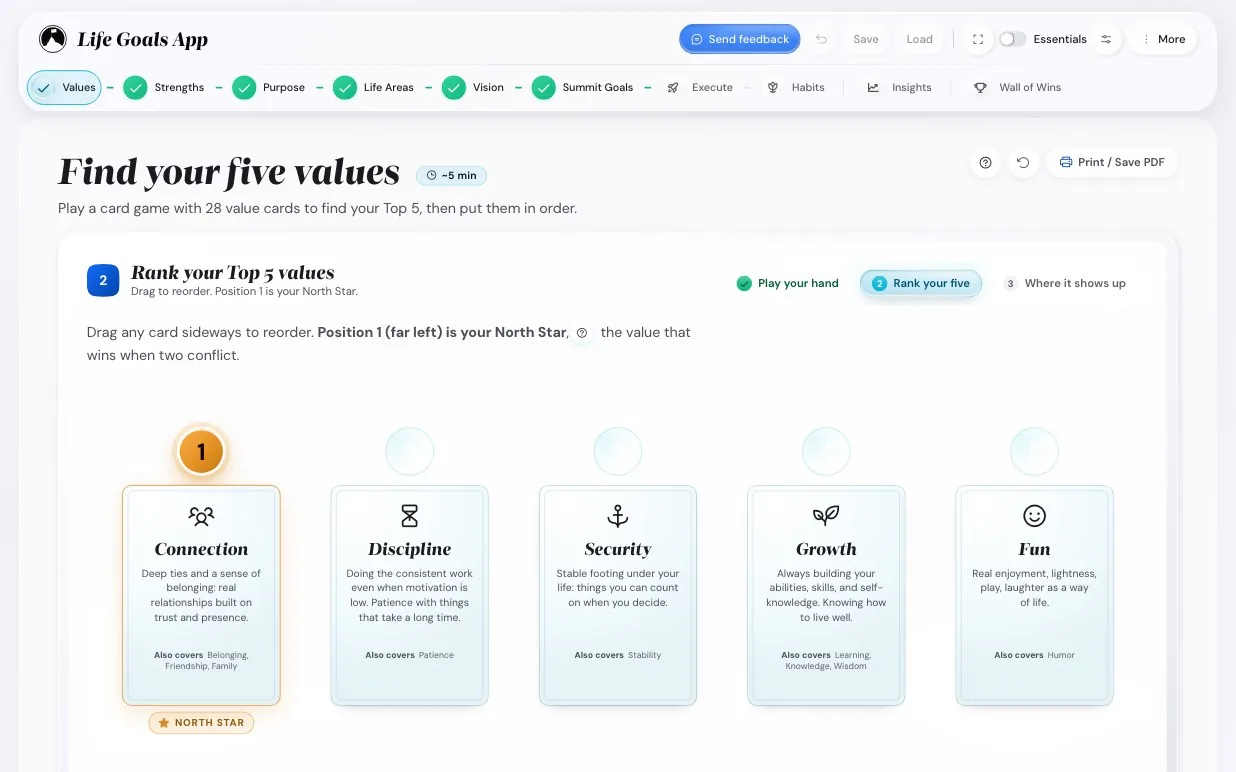 The Your values screen of the app