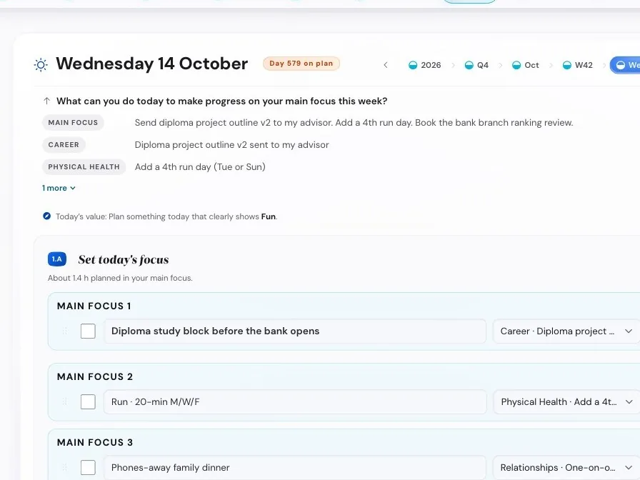 Life Goals App 12 The day plan: each task shows the goal it serves